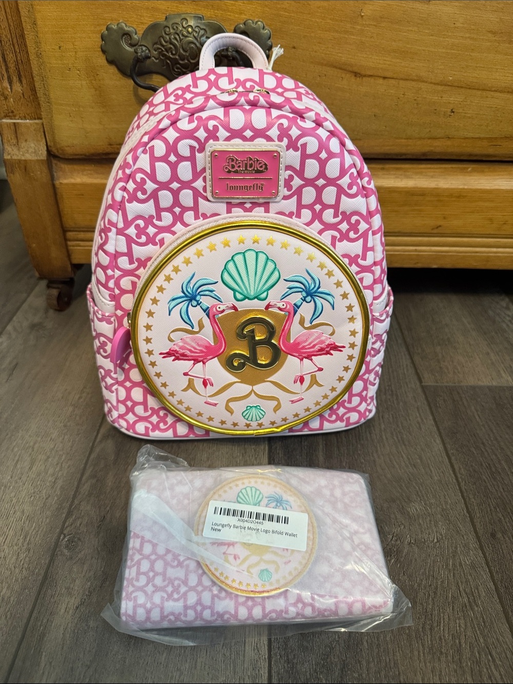 Mattel Barbie Pink Patterned Loungefly Backpack with Flamingo Emblem + Wallet